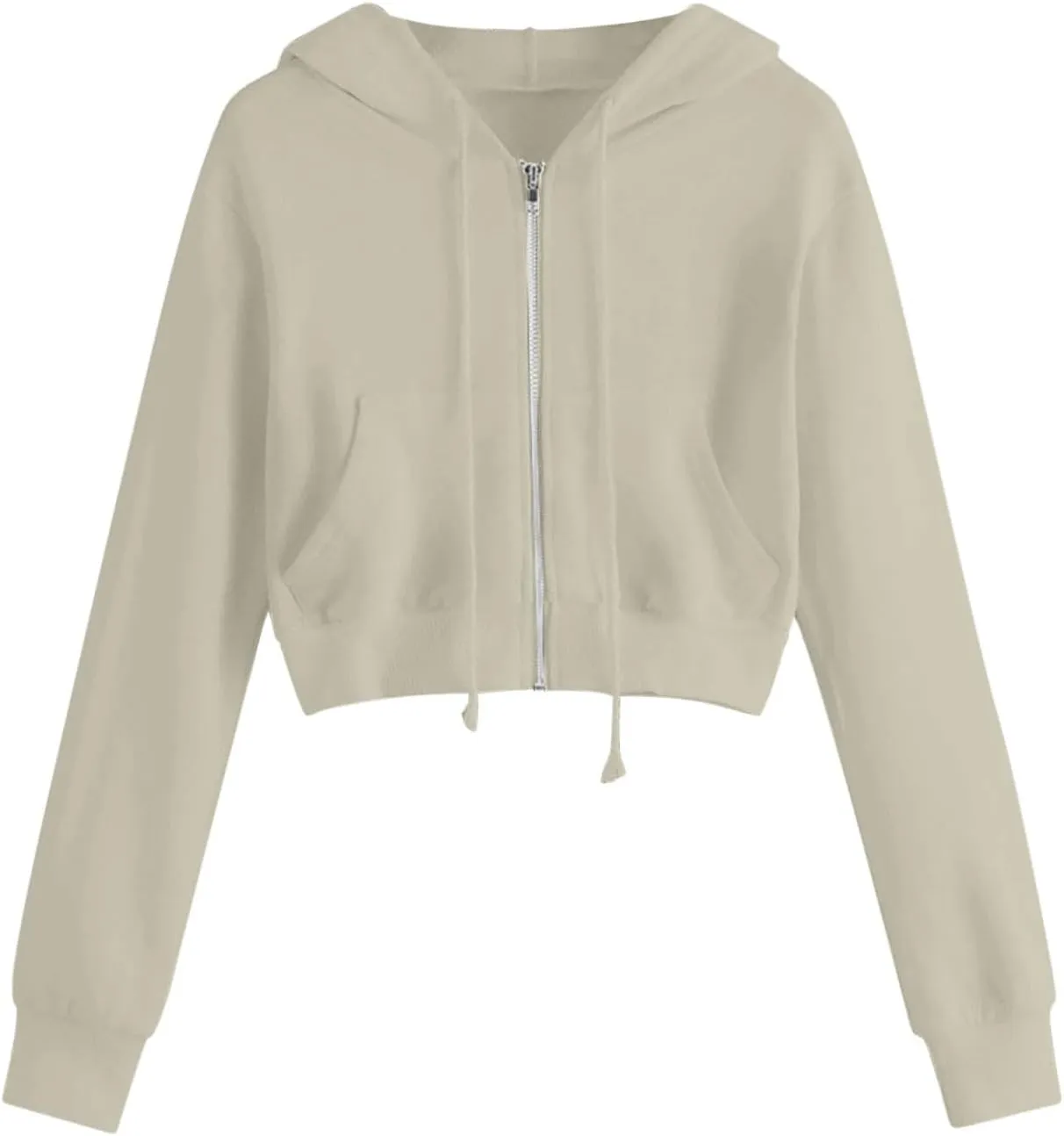 YRAETENM Cropped Zip up Hoodie Women Long Sleeve Drawstring Full Zip Hooded Jackets Casual Cute Loose Fit Crop Sweatshirts