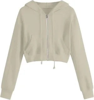 YRAETENM Cropped Zip up Hoodie Women Long Sleeve Drawstring Full Zip Hooded Jackets Casual Cute Loose Fit Crop Sweatshirts
