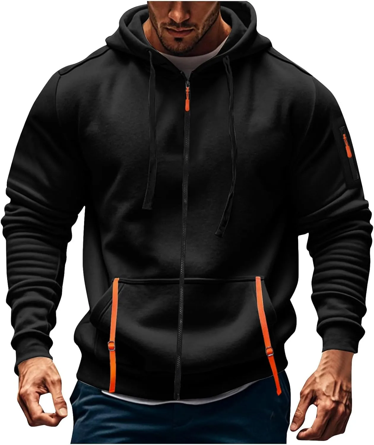 Zip Up Hoodie Men Vintage Casual Tactical Hoodies with Pocket Casual Full Zip Long Sleeve Sweatshirts Hooded Jacket