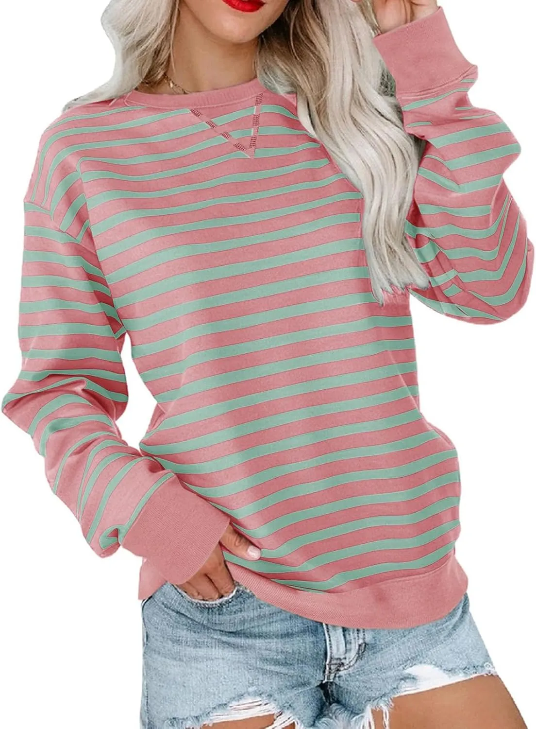 ZWRXW Sweatshirts for Women Striped Color Block Sweatshirt Casual Crew Neck Long Sleeve Shirts Pullover Tunic Top Y2K Clothes