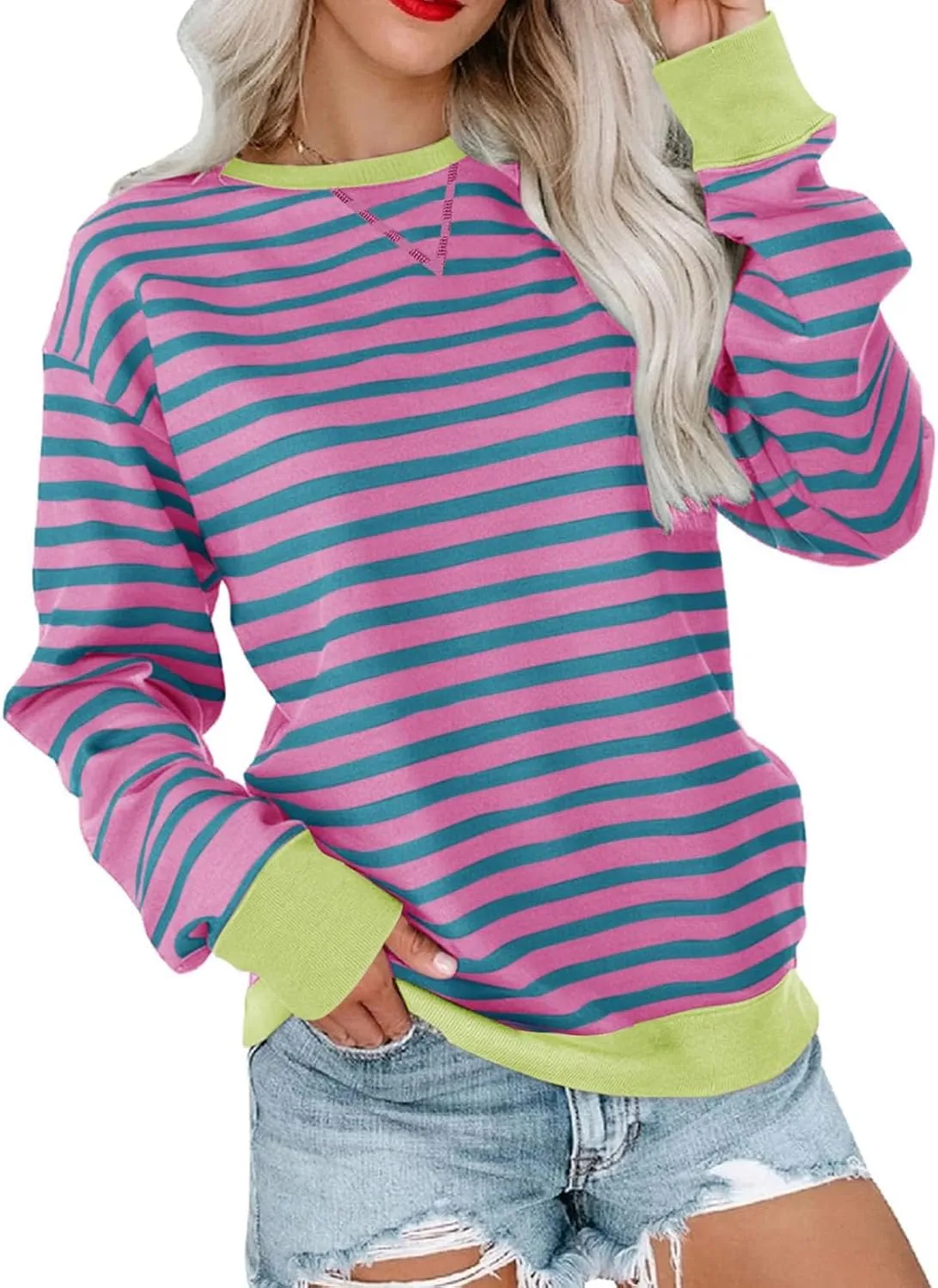 ZWRXW Sweatshirts for Women Striped Color Block Sweatshirt Casual Crew Neck Long Sleeve Shirts Pullover Tunic Top Y2K Clothes