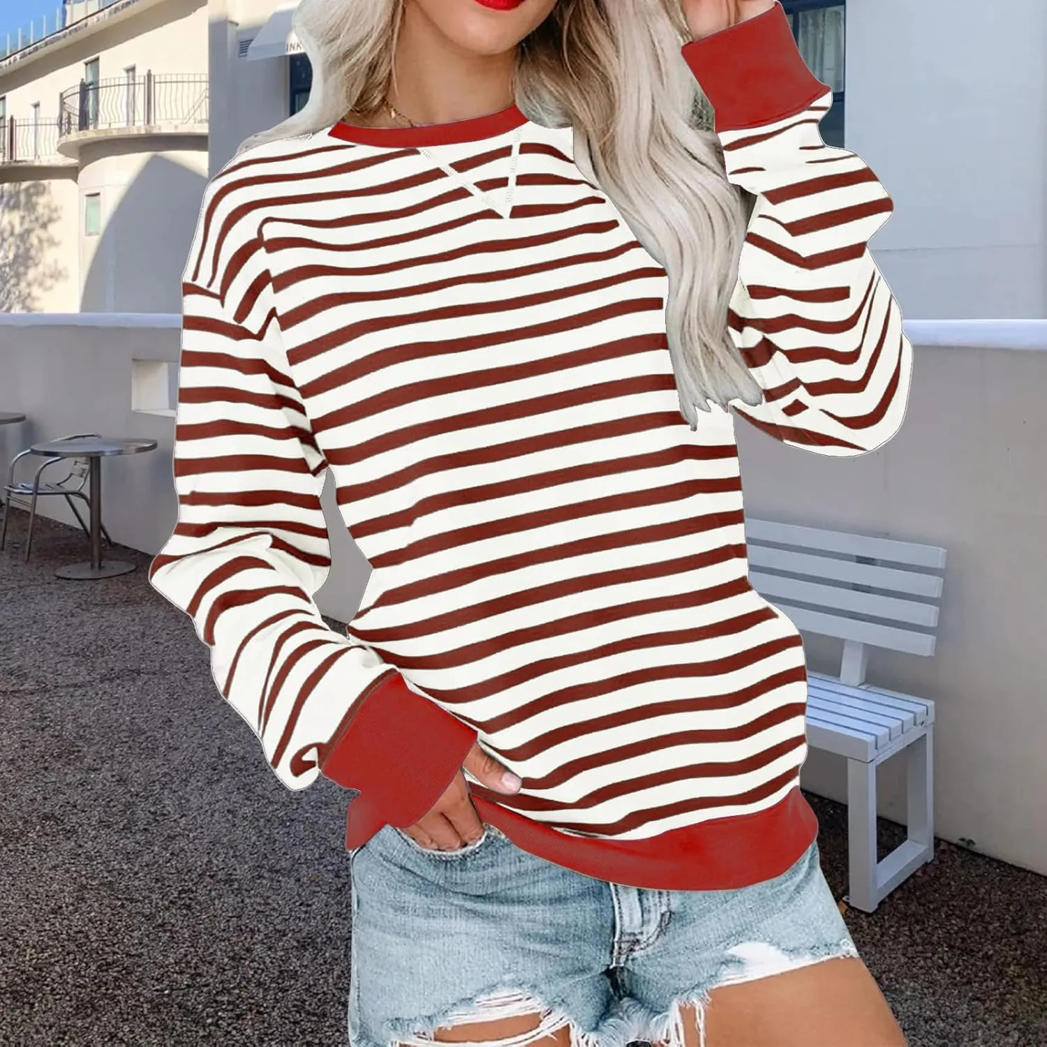 ZWRXW Sweatshirts for Women Striped Color Block Sweatshirt Casual Crew Neck Long Sleeve Shirts Pullover Tunic Top Y2K Clothes