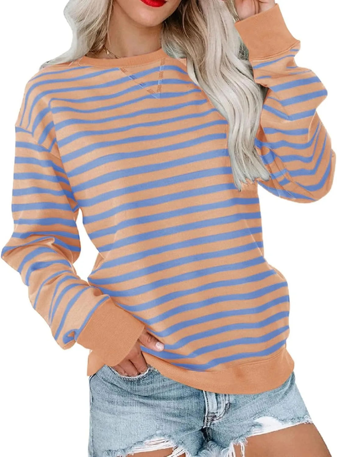 ZWRXW Sweatshirts for Women Striped Color Block Sweatshirt Casual Crew Neck Long Sleeve Shirts Pullover Tunic Top Y2K Clothes