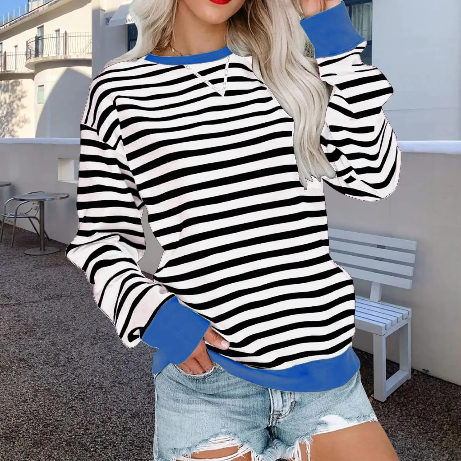 ZWRXW Sweatshirts for Women Striped Color Block Sweatshirt Casual Crew Neck Long Sleeve Shirts Pullover Tunic Top Y2K Clothes