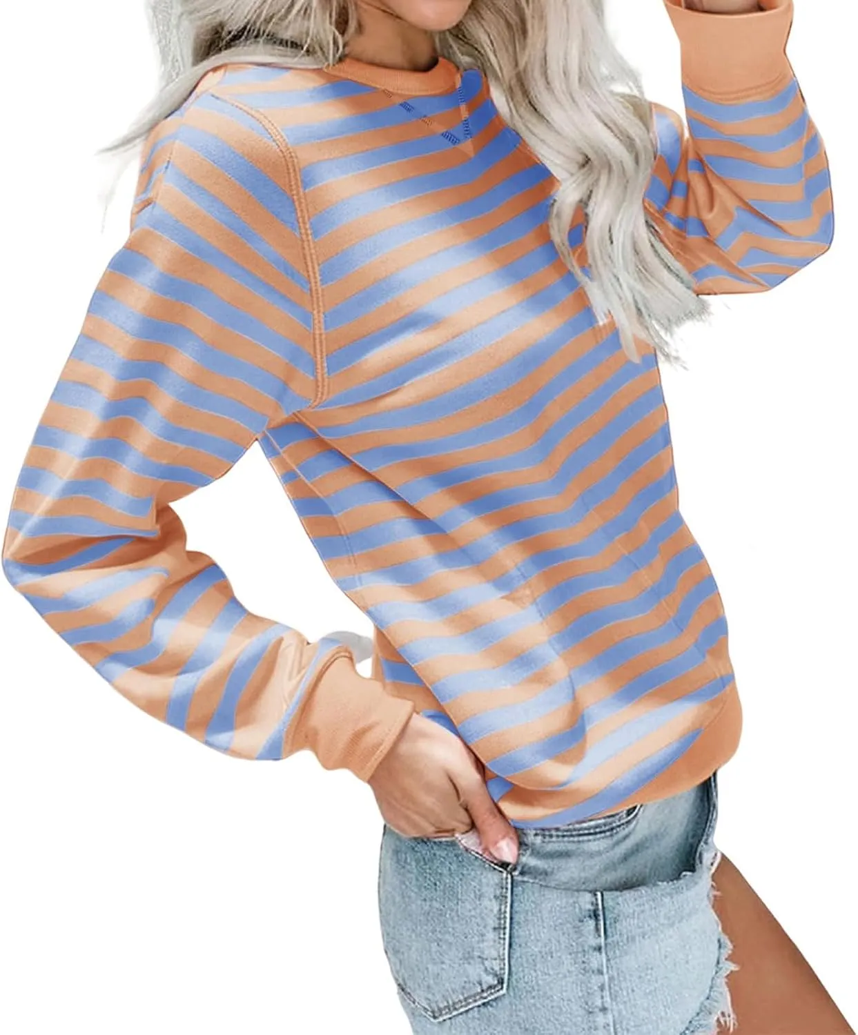 ZWRXW Sweatshirts for Women Striped Color Block Sweatshirt Casual Crew Neck Long Sleeve Shirts Pullover Tunic Top Y2K Clothes