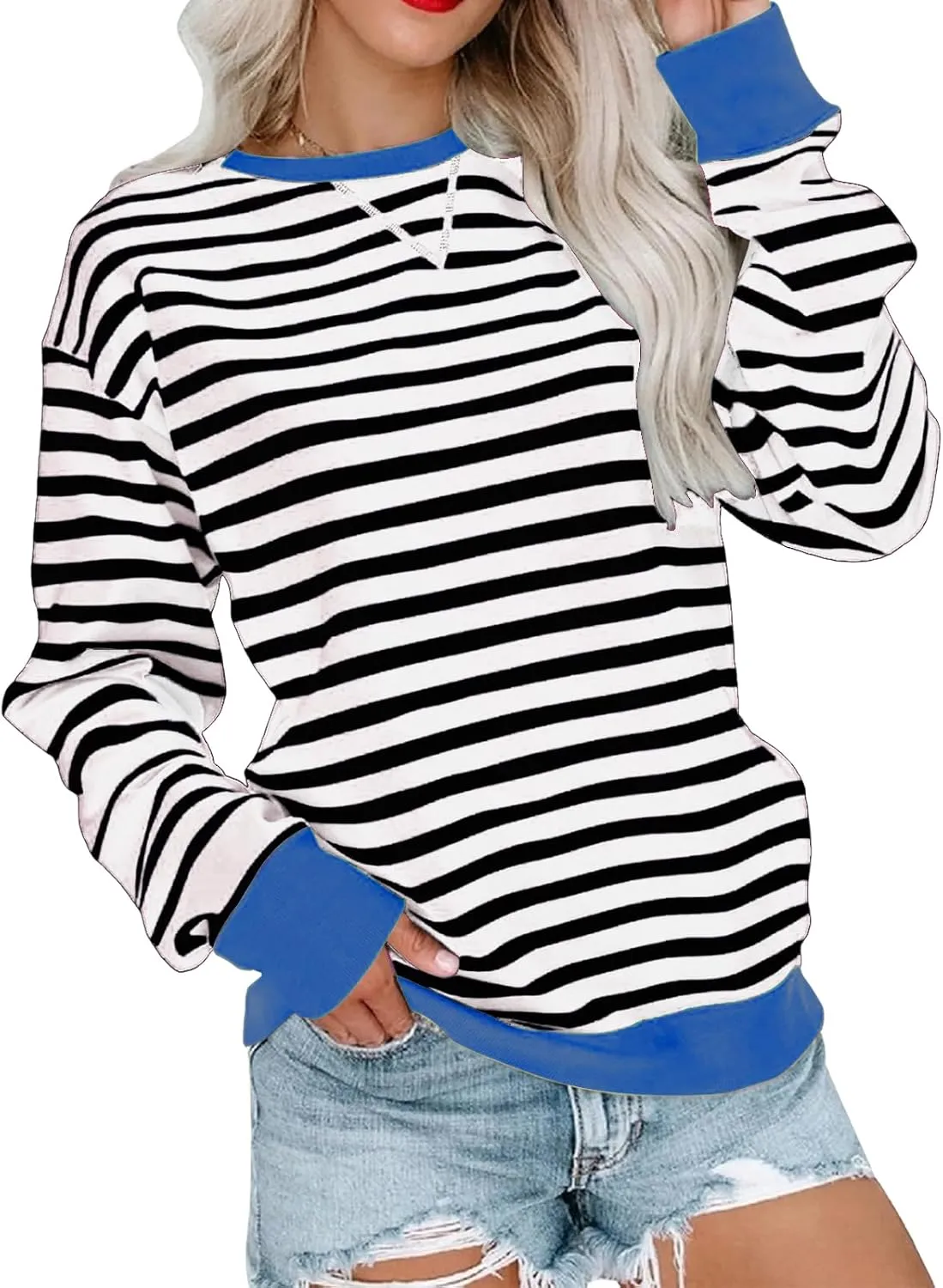 ZWRXW Sweatshirts for Women Striped Color Block Sweatshirt Casual Crew Neck Long Sleeve Shirts Pullover Tunic Top Y2K Clothes