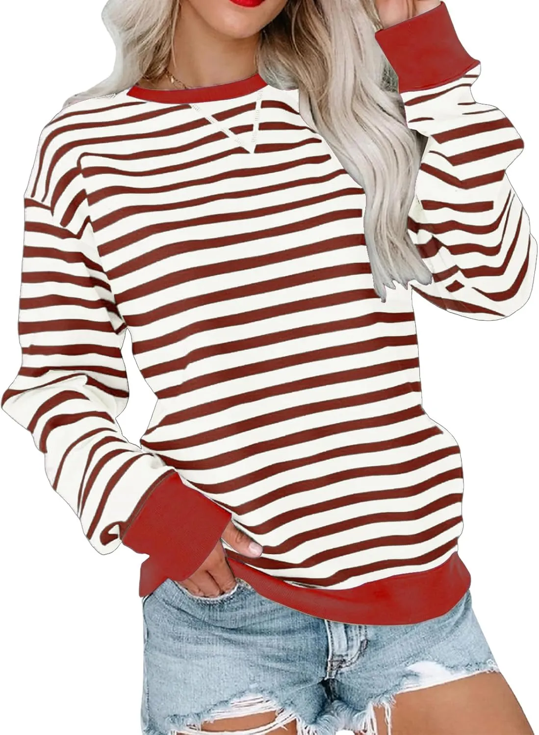 ZWRXW Sweatshirts for Women Striped Color Block Sweatshirt Casual Crew Neck Long Sleeve Shirts Pullover Tunic Top Y2K Clothes