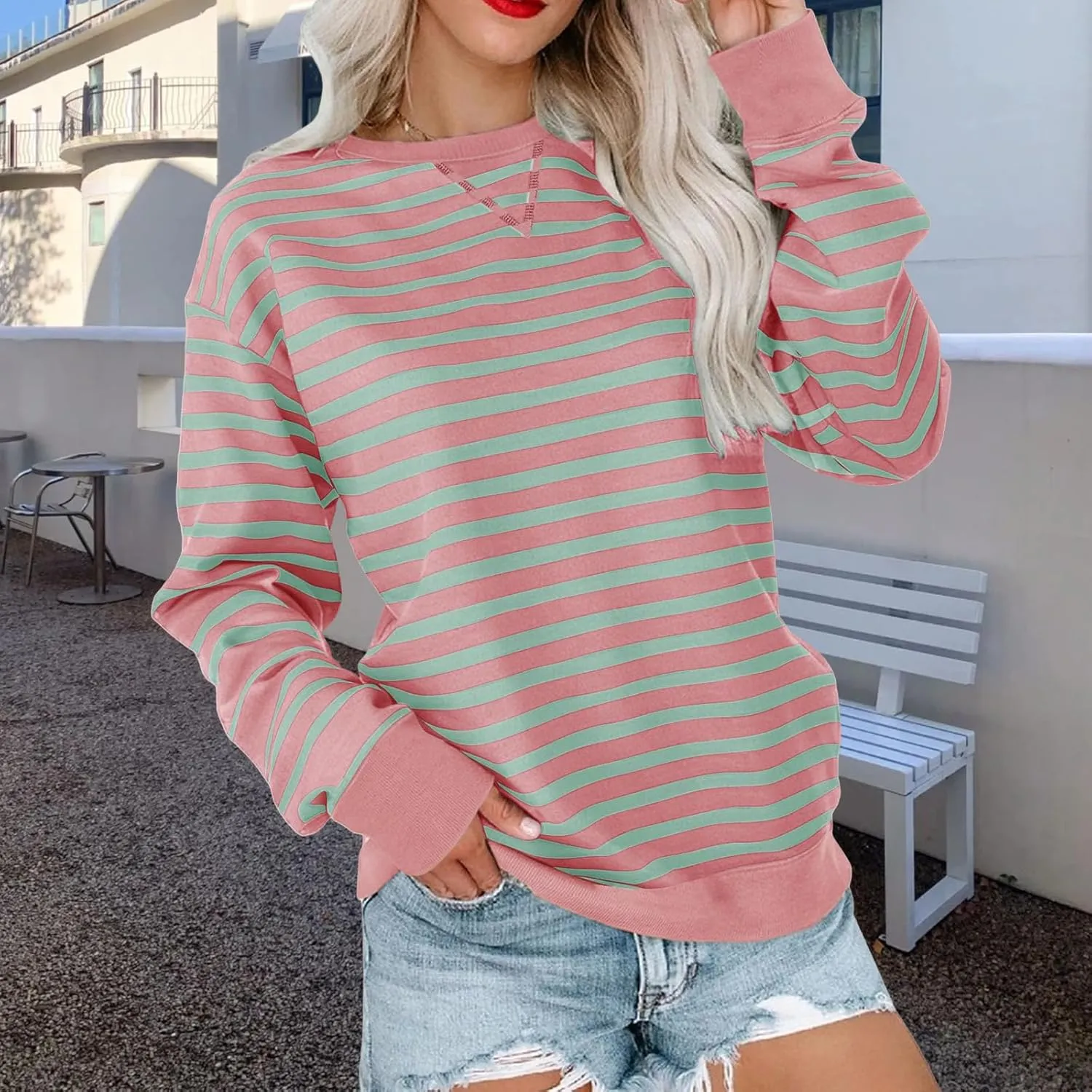 ZWRXW Sweatshirts for Women Striped Color Block Sweatshirt Casual Crew Neck Long Sleeve Shirts Pullover Tunic Top Y2K Clothes