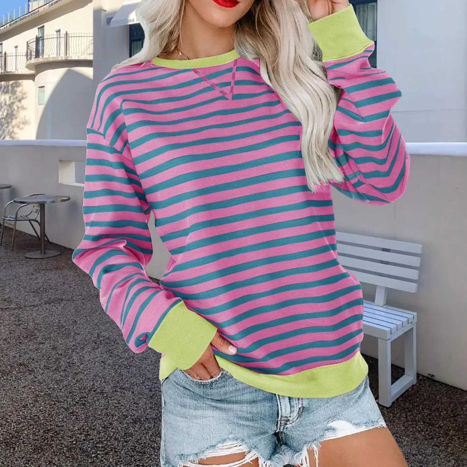 ZWRXW Sweatshirts for Women Striped Color Block Sweatshirt Casual Crew Neck Long Sleeve Shirts Pullover Tunic Top Y2K Clothes
