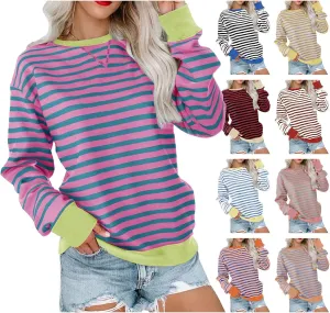 ZWRXW Sweatshirts for Women Striped Color Block Sweatshirt Casual Crew Neck Long Sleeve Shirts Pullover Tunic Top Y2K Clothes